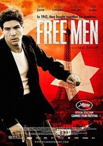 A man in an action shot running in front of a red background, the Eiffel tower, and a crescent moon with a 6 pointed star. The text reads "In 1942, they fought together for freedom..."