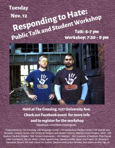 Event flyer featuring two people standing next to each other wearing shirts that say "Serve 2 Unite.org" and have an image of a handprint.