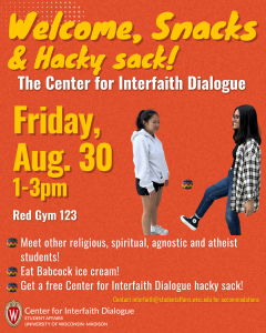 Welcome, snacks, and hacky sack flyer
